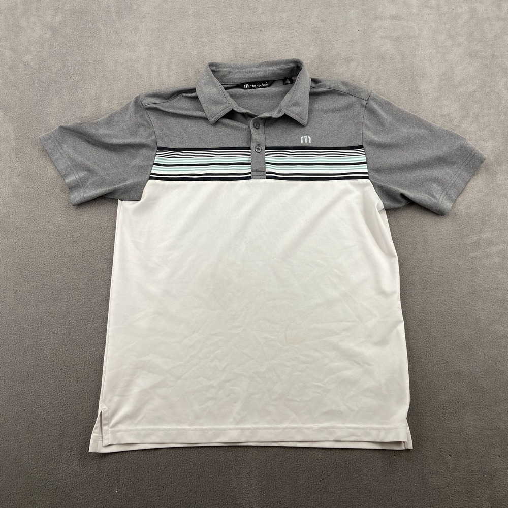 Travis Mathew Polo Shirt Mens Small White Gray Striped Stretch Performance Golf
